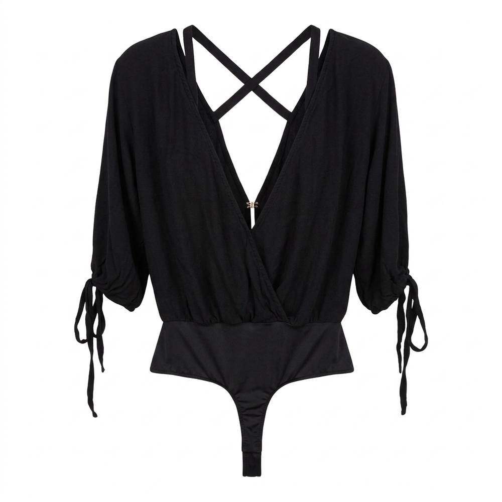 For Love & Lemons Black Back to Basics Bodysuit XS Strappy Criss Cross Open Back